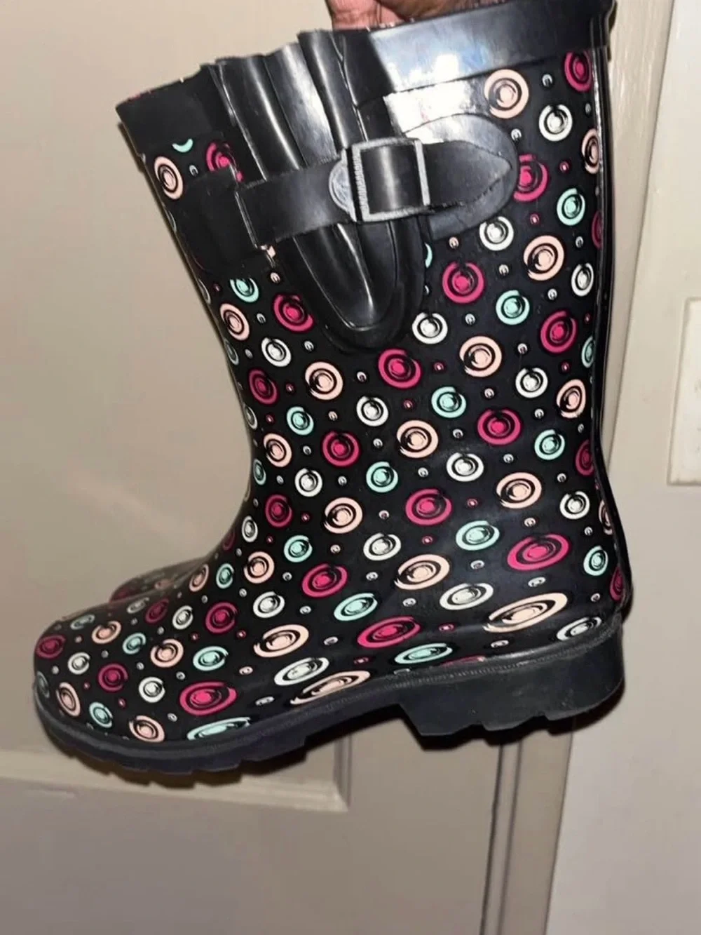 Women's Black Patterned Rain Boots - Pink & Mint Circles